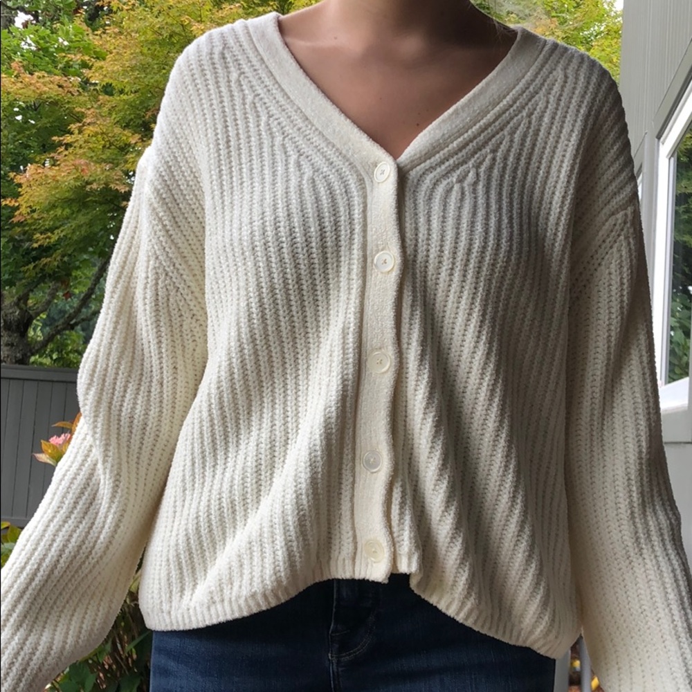cream, button-up sweater